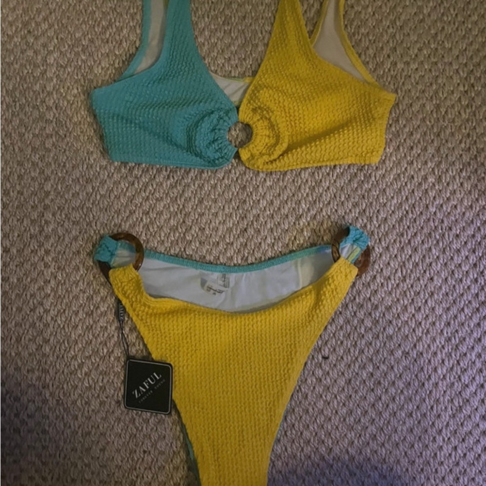 Zaful Vibrant Yellow and Aqua Textured Bikini